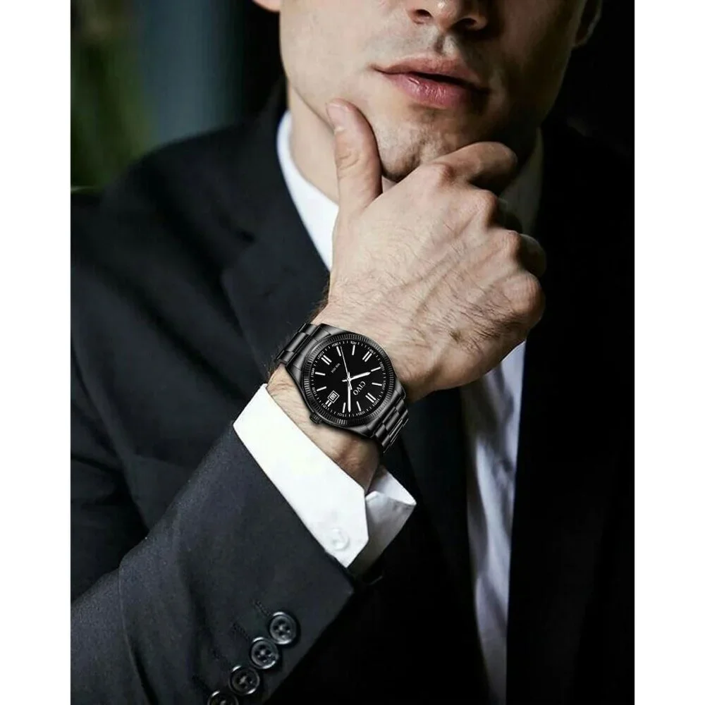 Men's Black Stainless Steel Hook Buckle Analog Comfortable Stylish Wrist Watch